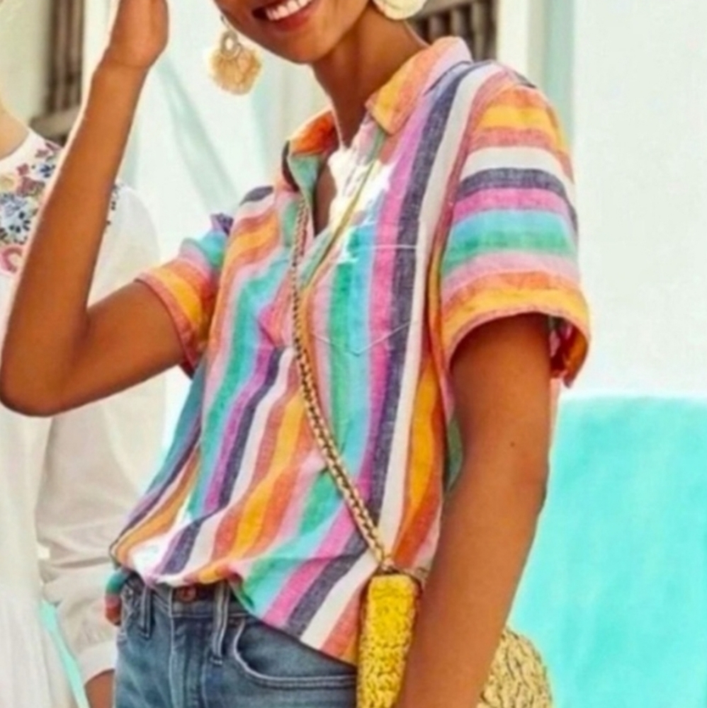 J.Crew Linen Popover rainbow color top size XXS
